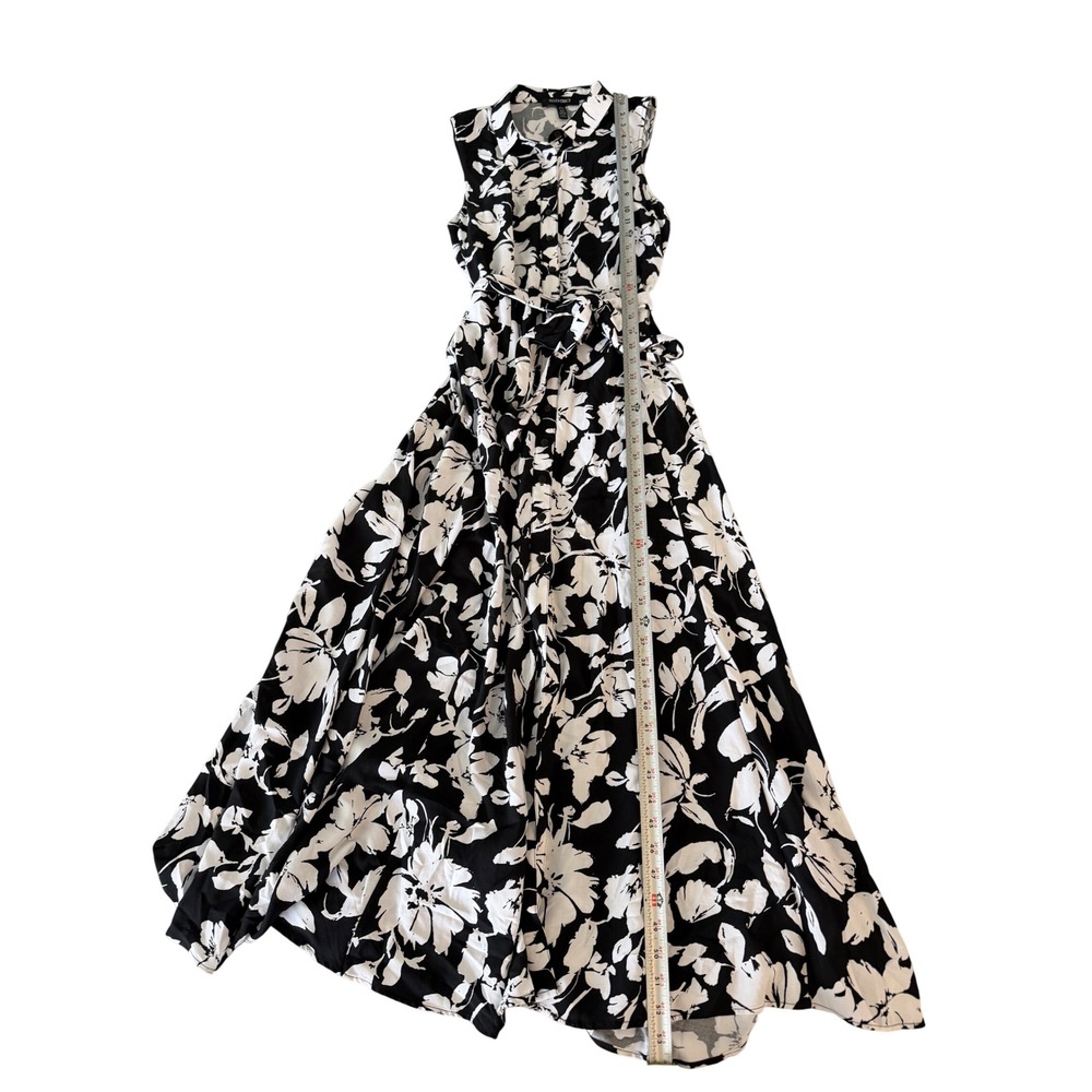 Ellen Tracy Floral Maxi Dress Womens Medium Black White Sleeveless Button Front